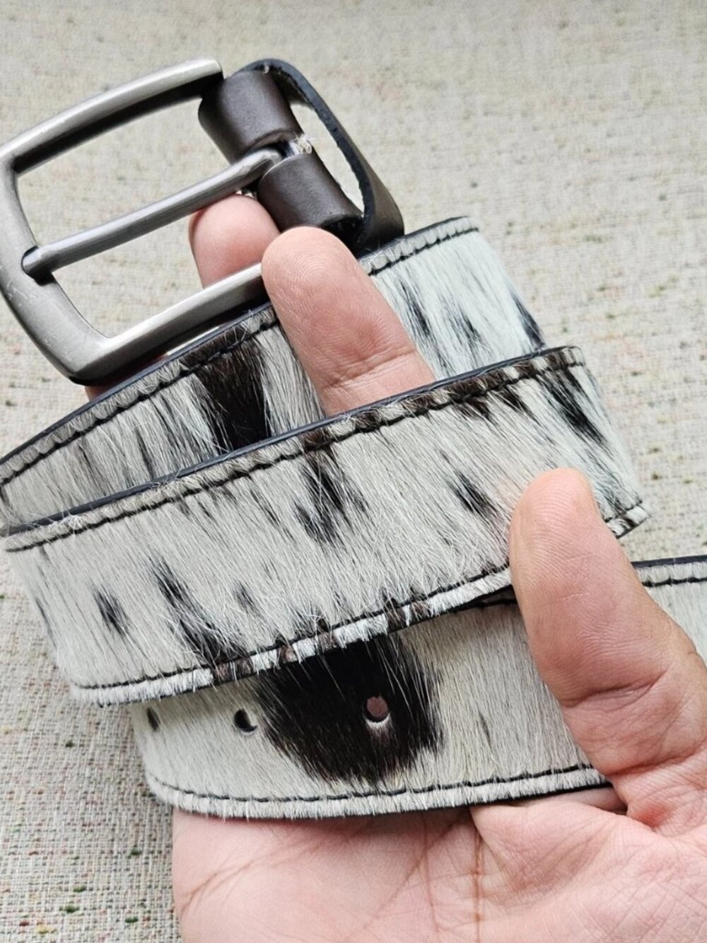Cowhide Real Fur Hair Belt Black/White Genuine Leather Waistband Unisex Size